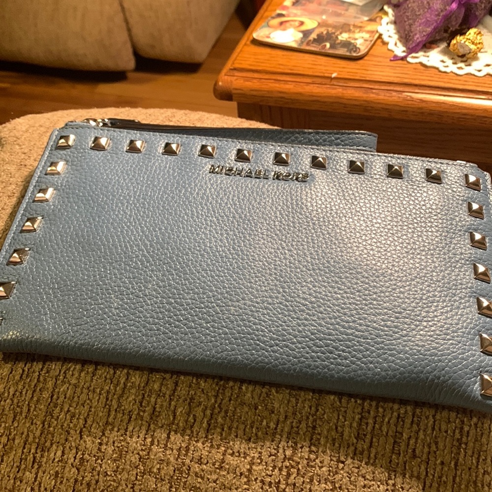 Michael Kors blue letter bag with wristlet